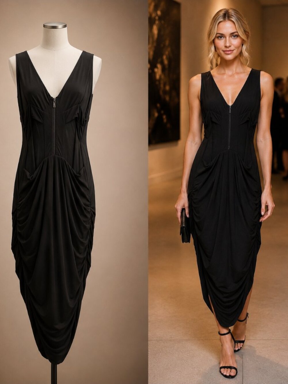 TART Collections Black Draped Ruched Modal Jersey Maxi Dress S Evening Minimalis